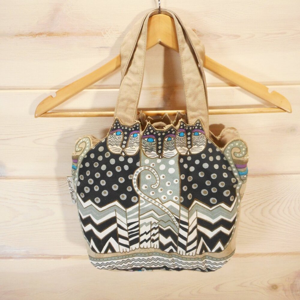 Vintage Laurel Burch Art Canvas Purse Handbag Cutout Cat Tan Black Zip Bag